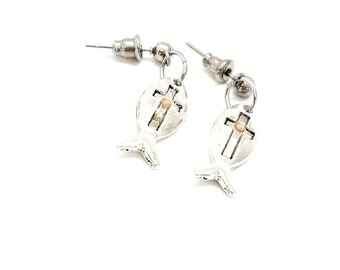 Mustard Seed Silvertone Small Fish Cross Inset Earrings,  Mustard Seed Jewelry, Matthew 17 20, Christian Jewelry, Scripture, Faith