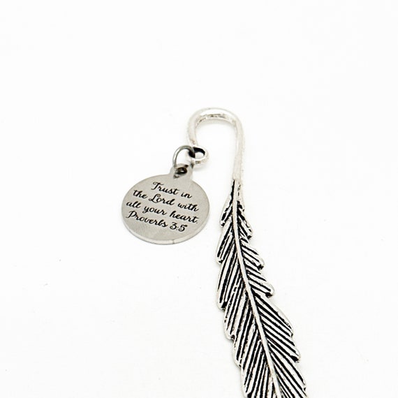 Trust In The Lord With All Your Heart Charm Feather Stem Bookmark, Proverbs 3 5, Scripture Gift, Graduation Gift, Faith Gift, Baptism Gift
