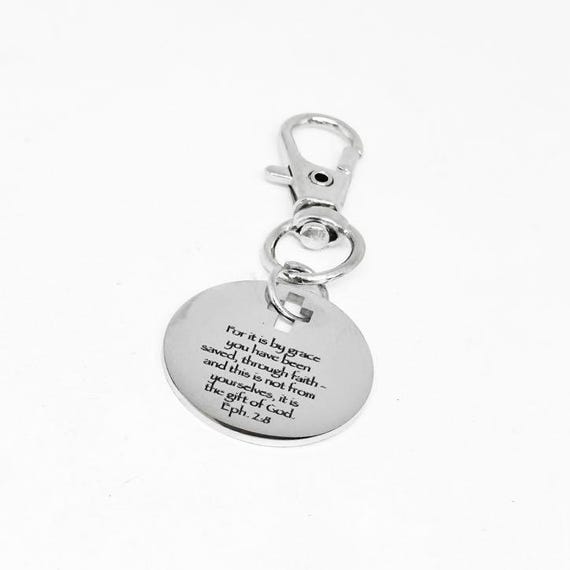 Ephesians 2:8 Clip On Charm Stainless Steel Engraved Bible Verse Keychain With Cross Cut Out Christian Faith Gift