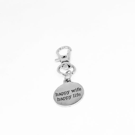 Happy Wife Happy Life Stainless Steel Engraved Clip On Charm Romantic Gift For Wife Anniversary Gift Keychain Purse Charm Jewelry