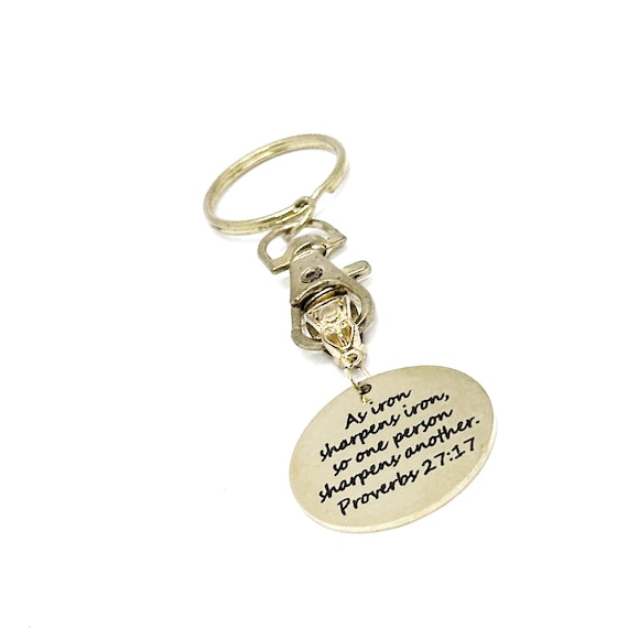 As Iron Sharpens Iron Charm Key Chain, Proverbs 27 17, Bible Verse Gift for Her, Believer, Faith, Prayer Partner, Christian Encouragement