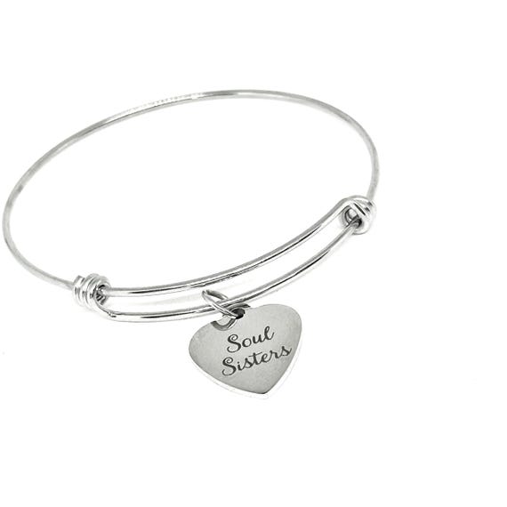 Soul Sisters Stainless Steel Bracelet, Adjustable Heart Charm Bangle Best Friend Jewelry Gift For Her Sister By Heart Friendship Keepsake