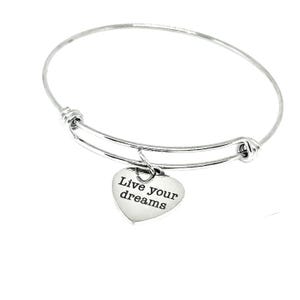 Live Your Dreams Stainless Steel Bracelet, Inspirational Heart Charm Adjustable Bangle Motivational Jewelry Gift for Her Graduation or Goal