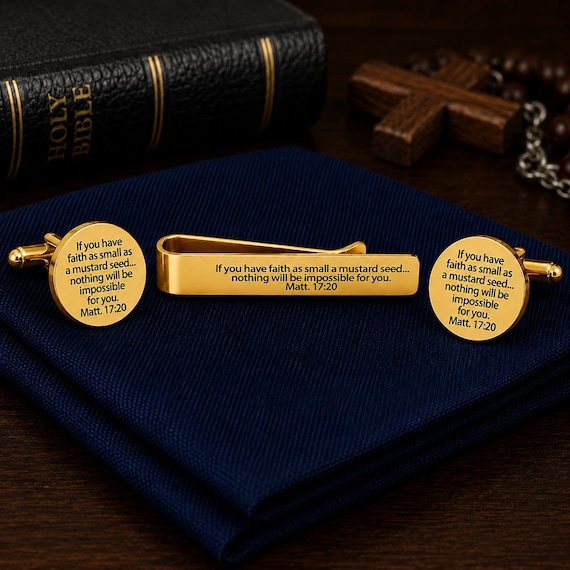 Mustard Seed Faith Goldtone Tie Clip Cuff Link Set