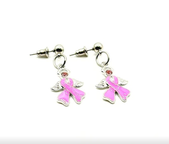 Silver-tone Pink Wings Ribbon Earrings, Awareness Gifts, Breast Cancer, Survivor Gifts