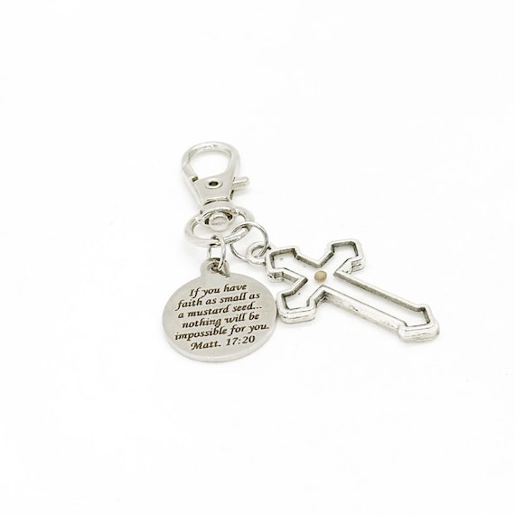 Mustard Seed Verse With Cross Clip On Charm, Matthew 17 20, Purse Charm, Keychain Charm, Christian Gifts, Scripture Gifts