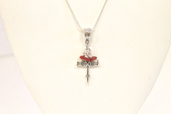 Nail Cross and Blood Red Stone Drop Pendant on Silver Necklace,  Chistian Cross Necklace, Jewelry Gift For Wife, Wife Gift Necklace