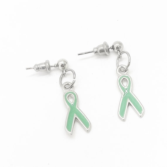Silver-tone Green Ribbon Earrings, Awareness Gifts, Glaucoma, TBI, Mental Illness Awareness Charm, Gift For Her, Wife Gift, Awareness Gift