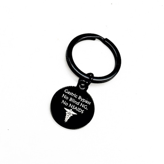 Gastric Bypass Black Keychain, Gastric Bypass Medical ID Tag, No Blind NG, No NSAIDS, Medical Awareness Tag, Zipper Charm, Keychain Charm