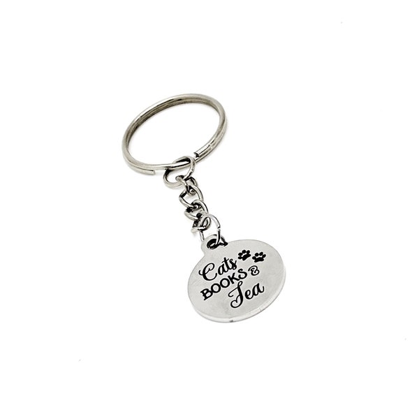 Cats Books And Tea Charm Keychain, Cat Lover Gift, Book Lover Gift, Tea Lover Gift, Wife Gift, Daughter Gift, Stocking Stuffer, Mom Gift
