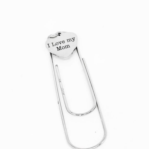 Love My Mom Heart Bookmark Stainless Steel Engraved Charm Mother Gift Paperclip Bookmark
