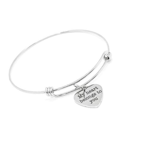 My Heart Belongs To You Stainless Steel Heart Charm Bracelet Adjustable Bangle Romantic Jewelry Gift For Her Anniversary Valentines