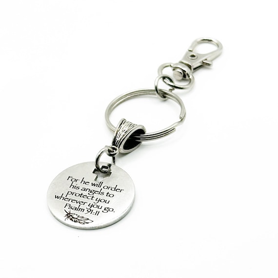 Psalm 91 11 Keychain Stainless Steel Christian Keychain Angel Protection Scripture Faith Gift With Cross Cutout