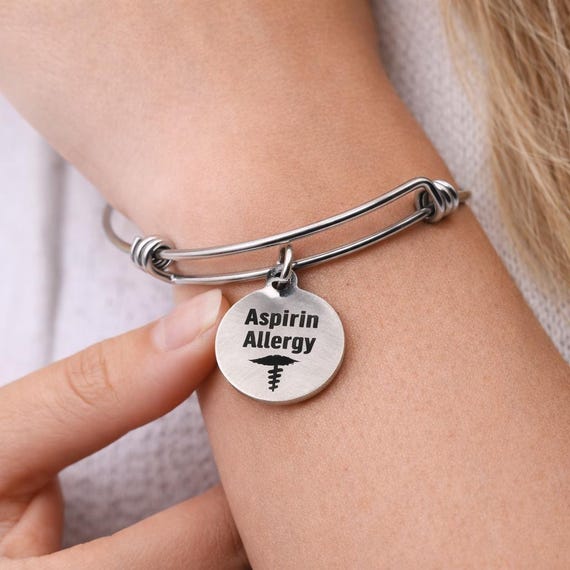 Aspirin Allergy Medical Condition Charm Bracelet Stainless Steel Expanding Bangle Allergy Awareness Jewelry