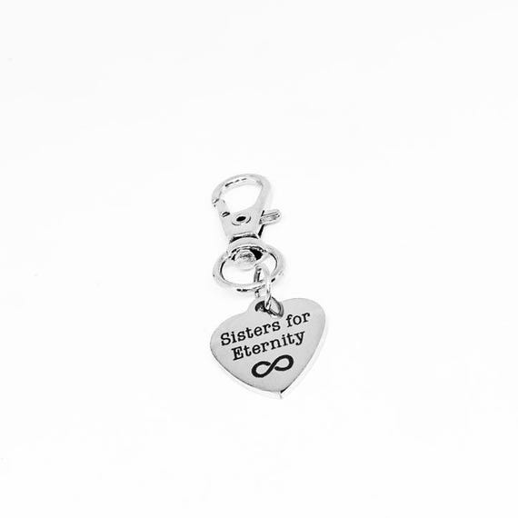 Sisters For Eternity Infinity Symbol Clip On Charm Stainless Steel Heart Engraved Friendship Charm Gift For Sister 19mm Keychain