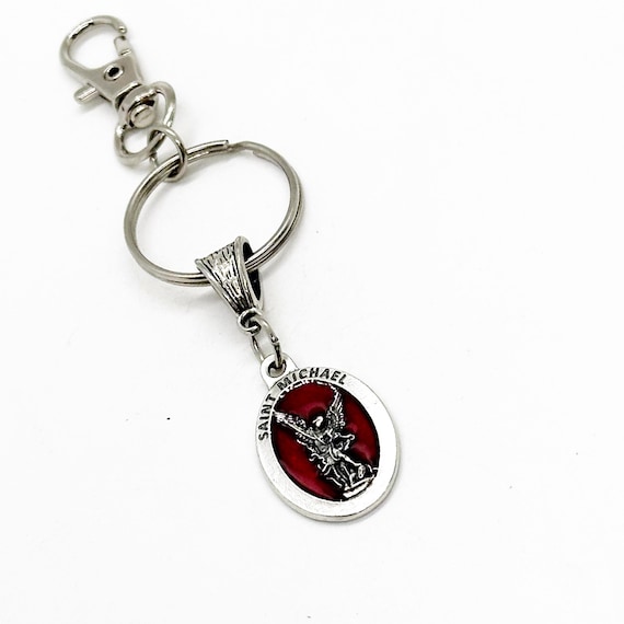 St Michael Red Resin Charm Pray For Us Keychain, Saint Michael Archangel, Catholic Jewelry, Enemy of Satan, Church Guardian, Religious Gifts