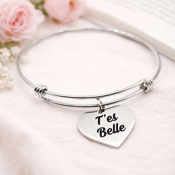 T'es Belle Bracelet Stainless Steel Expanding Bangle Heart Engraved Love Gift For Her Minimalist Jewelry
