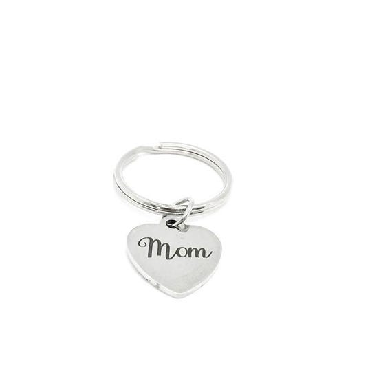 Mom keychain stainless steel heart charm, 19mm gift for mothers day birthday or just because sentimental jewelry accessory for mom