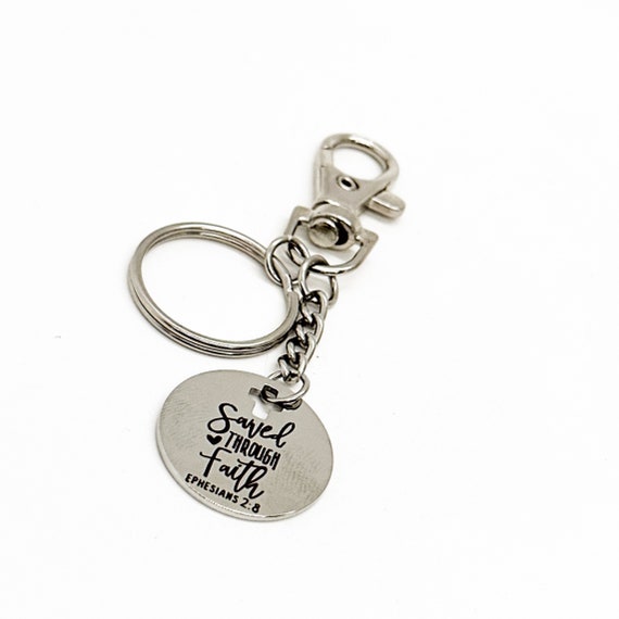 Faith Gift, Saved Through Faith Charm Keychain, Ephesians 2 8, Baptism Gift, Salvation Gift, Scripture Quote, Christian Gifts, Sunday School
