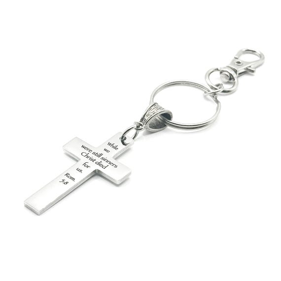 Christ Died For Us Romans 5 8 Charm Keychain Stainless Steel Christian Gift Scripture Cross