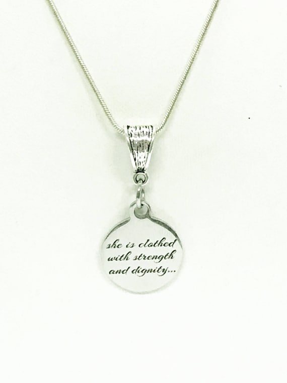 She Is Clothed With Strength And Dignity Pendant Necklace, Proverbs 31:25 Scripture Necklace, Bible Verse Jewelry Gift For Daughter