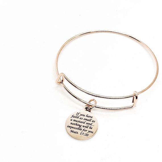 Mustard Seed Verse Rose Gold Charm Bracelet, Mustard Seed Gift, Christian Jewelry, Matthew 17 20, Mustard Seed Faith Jewelry