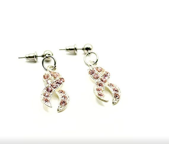 Silver-tone Pink Rhinestone Ribbon Earrings, Awareness Gifts, Breast Cancer, Survivor Gifts