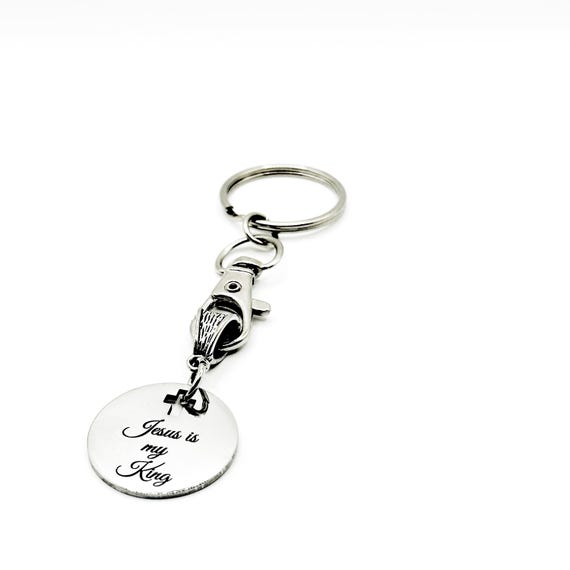 Jesus Is My King Keychain Stainless Steel Engraved Charm With Cross Cut Out Christian Faith Gift From JKCE Designs Religious Accessory