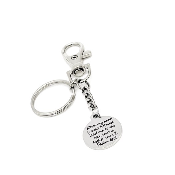 Faith Gifts, When My Heart Is Overwhelmed Lead Me To The Rock Charm Keychain, Psalm 61 2 Quote, Scripture Gift, Scripture Quote, Bible Verse
