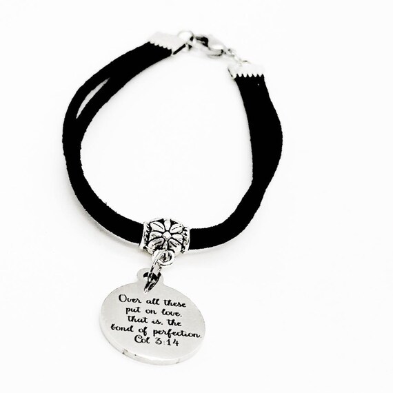Put On Love That Is The Bond Of Perfection Black Faux Suede Charm Bracelet,  Colossians 3 14, Christian Marriage, Wedding Jewelry, Daughter