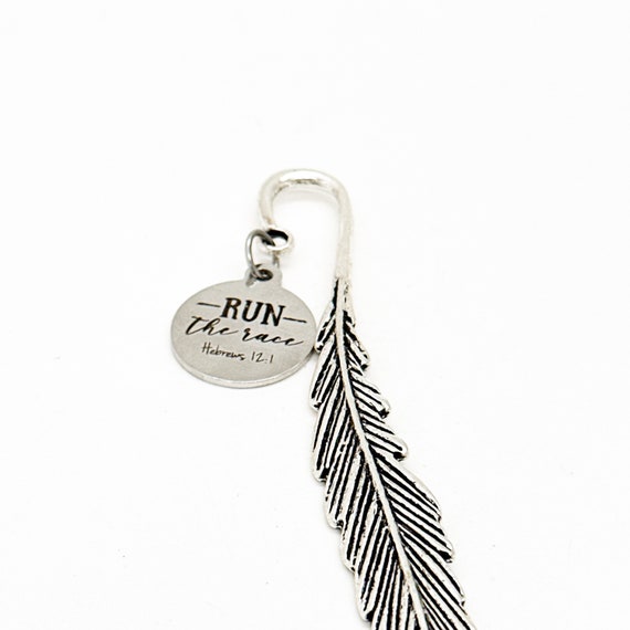 Run The Race Hebrews 12 1 Charm Feather Stem Bookmark, Faith Gift, Keep Going, Encouragement, Motivation, Christian Runner, Run Your Race