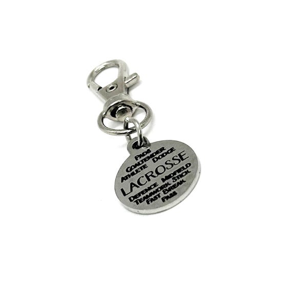 Lacrosse Words Clip On Charm, Bag Charm, Key Chain Charm, Lacrosse Player, Team Gifts, Lacrosse Mom, Lacrosse Dad, Gift For Her or Him