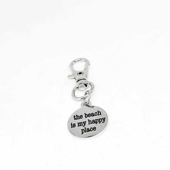 The Beach Is My Happy Place Stainless Steel Engraved Clip On Charm Inspirational Beach Lover Gift Travel Accessory Keychain Tag