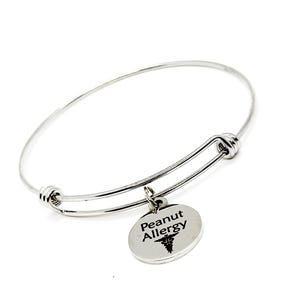 May include: A silver expandable bangle bracelet with a round charm that says "Peanut Allergy" with a medical symbol.