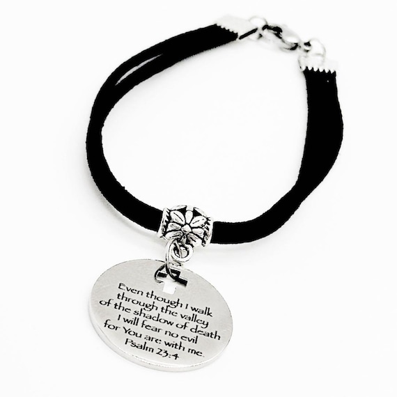23rd Psalm Black Faux Suede Charm Bracelet, Psalm 23 4, God Is With Me, I Fear No Evil, Christian Woman, Daughter, Going To College