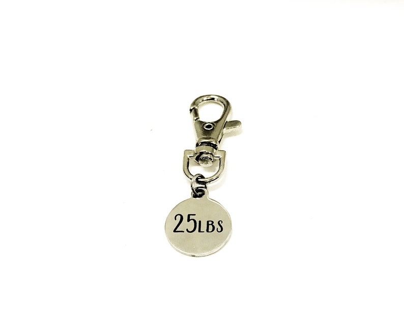 May include: Silver keychain with a round tag that says "25 LBS" on it.