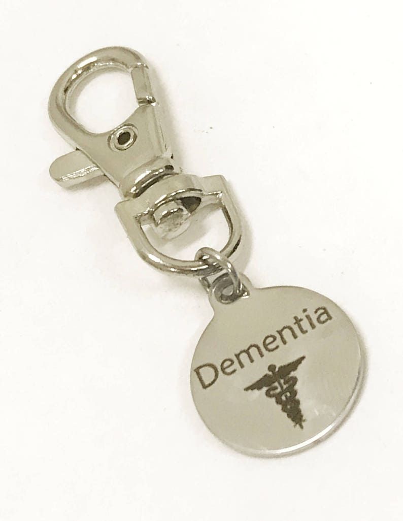 Dementia Zipper Pull, Dementia ID Tag, Dementia Medical Awareness Zipper Pull, Dementia Items, Dementia ID Zipper Pull, Medical ID Tag image 1