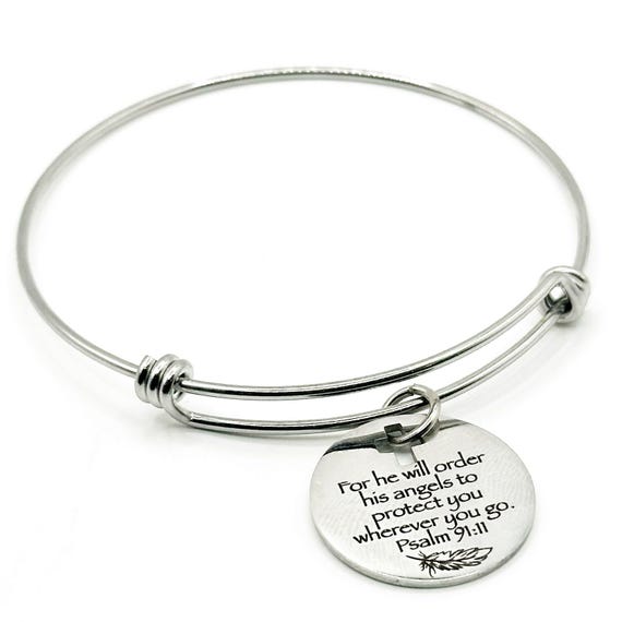 Psalm 91 11 Bracelet Stainless Steel Expanding Bangle Christian Jewelry Angel Protection Scripture Faith Gift