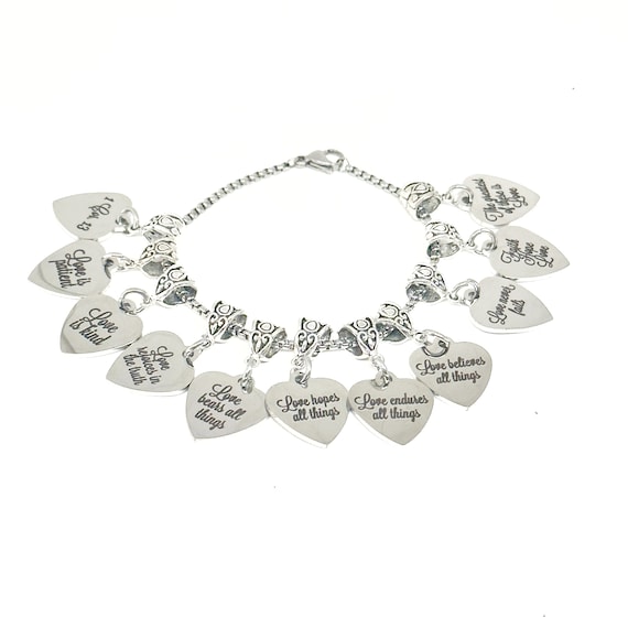 1 Corinthians 13 Charm Bracelet Stainless Steel Heart Charms Faith Jewelry Christian Gift Love Is Patient Kind Never Fails Inspirational