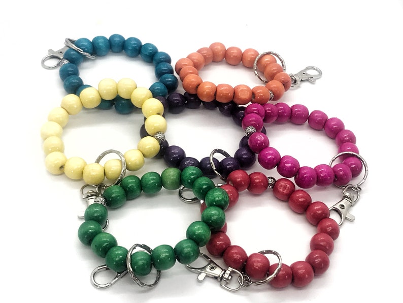 Beaded Keychain Bracelet Wood Bead Keychain Bracelet Beaded Etsy