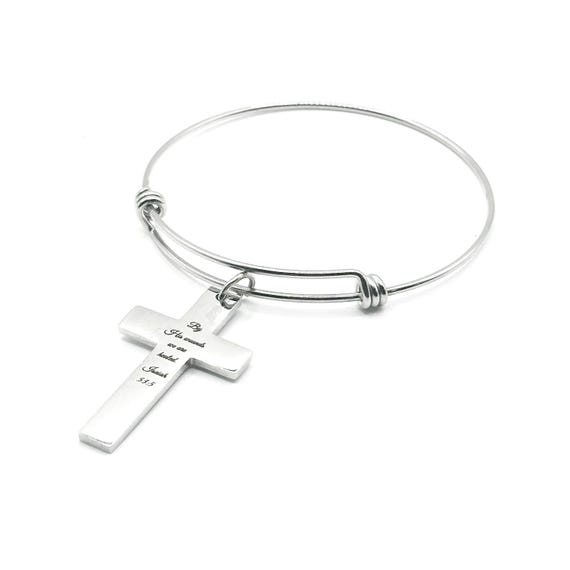 By His Wounds We Are Healed Isaiah 53 5 Cross Bracelet Christian Scripture Faith Jewelry Stainless Steel Bangle