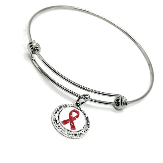 Red Awareness Ribbon Cabochon Charm Bracelet, Red Ribbon Jewelry, Awareness Gifts, AIDS HIV Heart Disease Awareness Charm