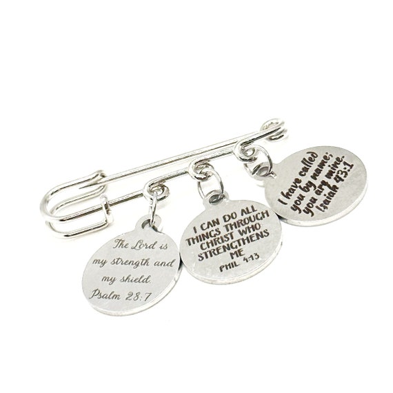 Three Charm Bible Verse Pin, Customizable Scripture Brooch, Christian Faith Gifts, Baptism, Confirmation Gifts, Bible Study, Sunday School