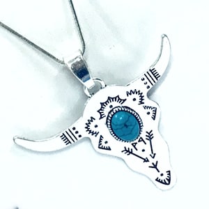 Bull Horns Pendant Necklace, Southwestern Style Necklace, Cowgirl Jewelry Gift, Grab The Bull By The Horns, Silver Statement Necklace