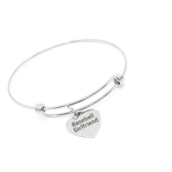 Stainless Steel Baseball Girlfriend Bracelet, Heart Charm Jewelry Sports Fan Gift Softball Baseball Love Bangle Game Day Accessory
