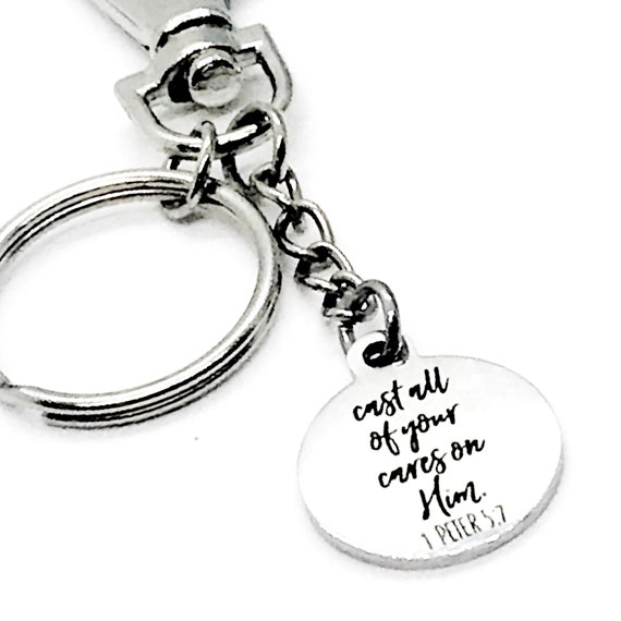 Bible Verse Gifts, Cast All Of Your Cares On Him Keychain, 1 Peter 5 7 Bible Verse Keychain, Daughter Gift, Bible Verse Keychain Gift