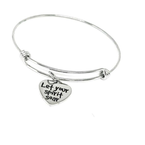 Let Your Spirit Soar Stainless Steel Bracelet, Adjustable Heart Charm Bangle Inspirational Jewelry Gift For Her Motivational Uplifting Quote
