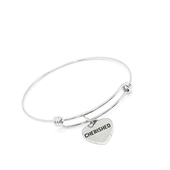 Cherished Bracelet, Stainless Steel Heart Charm Jewelry Meaningful Gift for Her Inspirational Adjustable Bangle Women’s Keepsake