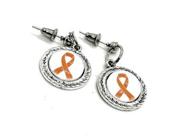 Pendientes con dije de cinta naranja, regalos de concientización, TDAH, cáncer de riñón, leucemia, diversidad cultural, lupus, concientización sobre esclerosis múltiple.