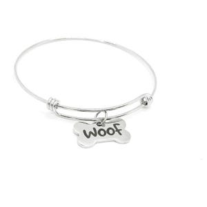 Woof Stainless Steel Adjustable Bangle Bracelet With Dog Bone Charm Pet Lover Jewelry Gift For Dog Owner Or Animal Rescue Support